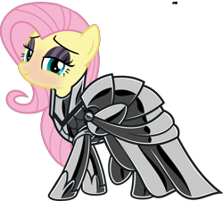 Size: 5086x4576 | Tagged: source needed, safe, artist:severity-gray, imported from twibooru, fluttershy, pegasus, pony, armor, black eyeshadow, blushing, eyeshadow, female, green eyes, hoof shoes, image, latex, latex dress, looking at you, makeup, mare, pink mane, png, raised leg, side view, simple background, smiling, smiling at you, solo, solo female, transparent background, yellow coat