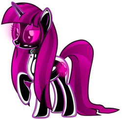 Size: 1024x991 | Tagged: source needed, safe, artist:severity-gray, imported from twibooru, oc, pony, unicorn, collar, cutie mark, cutie mark accessory, cutie mark collar, eyeshadow, female, glowing cutie mark, glowing eyes, image, latex, latex suit, lipstick, looking forward, makeup, mare, pet tag, pink eyes, pink eyeshadow, pink lipstick, pink mane, pink tail, png, raised hoof, side view, simple background, solo, solo female, transparent background, two toned mane, two toned tail