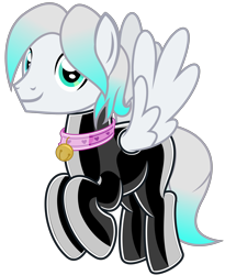 Size: 4251x5188 | Tagged: source needed, safe, artist:severity-gray, imported from twibooru, pegasus, pony, bell, bell collar, collar, flying, gradient mane, gradient tail, green eyes, image, latex, latex suit, looking at you, male, png, side view, simple background, smiling, smiling at you, solo, solo male, spread wings, stallion, transparent background, white coat, wings