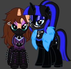 Size: 1292x1250 | Tagged: artist needed, source needed, safe, imported from twibooru, oc, oc:chloe adore, oc:coldlight bluestar, pony, unicorn, blue eyeshadow, boots, brown coat, brown mane, catsuit, clothes, collar, cutie mark, cutie mark accessory, cutie mark collar, duo, duo female, ear piercing, eyeshadow, face mask, female, garter belt, gray background, harness, image, latex mask, lidded eyes, looking at you, makeup, mare, pet tag, piercing, pink eyeshadow, png, posture collar, shoes, simple background, spiked collar, tack, two toned mane, two toned tail