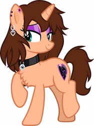Size: 1536x2046 | Tagged: source needed, safe, artist:applec1234, imported from twibooru, oc, oc:chloe adore, pony, unicorn, brown coat, brown mane, brown tail, chest fluff, collar, cutie mark, cutie mark accessory, ear piercing, eyeshadow, female, green eyes, head turn, image, looking forward, makeup, mare, needs more jpeg, piercing, purple eyeshadow, raised hoof, raised leg, side view, simple background, smiling, solo, solo female, white background