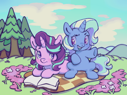 Size: 1134x842 | Tagged: safe, artist:fluttershyweed, imported from derpibooru, starlight glimmer, trixie, pony, unicorn, blanket, book, cloud, duo, female, flower, grass, grass field, looking at each other, looking at someone, lying down, mare, open mouth, outdoors, picnic, picnic blanket, prone, sitting, tree