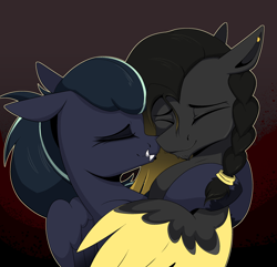 Size: 3040x2932 | Tagged: safe, artist:arume_lux, imported from derpibooru, oc, oc only, oc:arkessa, oc:eldin, pegasus, pony, beard, braid, facial hair, fangs, female, hug, male, mare, piercing, solo, stallion