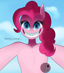 Size: 2800x3200 | Tagged: safe, artist:diamondgreenanimat0, imported from derpibooru, pinkie pie, earth pony, pony, semi-anthro, smile hd, blue eyes, creepy, creepy smile, female, looking at you, nightmare fuel, scary face, simple background, smiling, smiling at you, solo