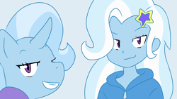 Size: 1280x720 | Tagged: safe, artist:qsky, imported from derpibooru, trixie, human, pony, unicorn, equestria girls, grin, human ponidox, self paradox, self ponidox, smiling, smirk