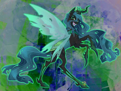 Size: 1280x960 | Tagged: safe, artist:candasaurus, imported from derpibooru, queen chrysalis, changeling, changeling queen, abstract background, fangs, female, rearing, sharp teeth, signature, smiling, solo, spread wings, teeth, wings