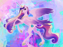 Size: 1280x960 | Tagged: safe, artist:candasaurus, imported from derpibooru, princess cadance, alicorn, pony, abstract background, female, mare, rearing, signature, smiling, solo, spread wings, wings