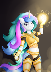 Size: 2480x3508 | Tagged: safe, artist:andelai, imported from derpibooru, princess celestia, alicorn, anthro, armor, armored pony, belly button, breasts, female, magic, midriff, signature, smoke, solo, warrior, warrior celestia, windswept hair