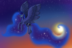 Size: 3050x2050 | Tagged: safe, artist:twilightwolf91, imported from derpibooru, princess luna, alicorn, pony, ethereal mane, ethereal tail, female, flying, galaxy mane, mare, sky, solo, stars, sun, tail, twilight (astronomy)