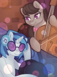 Size: 1536x2048 | Tagged: safe, artist:nyukitosh, imported from derpibooru, dj pon-3, octavia melody, vinyl scratch, earth pony, pony, unicorn, bow (instrument), bowtie, cello, cello bow, cute, duo, duo female, female, headphones, lesbian, mare, musical instrument, record, scratchtavia, shipping, smiling, smirk, split screen, sunglasses, tavibetes, two sides, vinyl disc, vinyl's glasses, vinylbetes