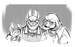 Size: 1529x964 | Tagged: safe, artist:sketchtablet, imported from derpibooru, fido, rover, spot, diamond dog, bust, evil grin, grin, male, monochrome, portrait, smiling, trio, trio male