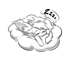 Size: 1330x1024 | Tagged: safe, artist:sketchtablet, imported from derpibooru, derpy hooves, pegasus, pony, cloud, cute, derpabetes, eyes closed, feather, female, mare, monochrome, on a cloud, onomatopoeia, sleeping, sleeping on a cloud, snoring, solo, sound effects, zzz