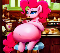 Size: 1024x896 | Tagged: safe, imported from derpibooru, pinkie pie, earth pony, pony, ai content, ai generated, belly, big belly, eating, food, preggy pie, pregnant, sitting, solo, stool