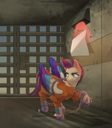 Size: 1637x1857 | Tagged: safe, artist:junkochi_, imported from derpibooru, zipp storm, pegasus, pony, bound wings, clothes, cuffs, female, g5, jail, jail cell, jumpsuit, mare, never doubt rainbowdash69's involvement, prison, prison outfit, prisoner, shackles, solo, wings