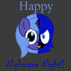 Size: 2000x2000 | Tagged: safe, alternate version, artist:theunidentifiedchangeling, imported from derpibooru, nightmare moon, princess luna, alicorn, bust, cute, digital art, female, filly, gray background, horn, mlp fim's twelfth anniversary, nightmare night, nightmare woon, open mouth, portrait, simple background, solo, woona, younger