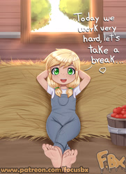 Size: 2480x3425 | Tagged: safe, artist:focusb, imported from derpibooru, applejack, human, equestria girls, apple, barefoot, clothes, crossed legs, cute, dialogue, feet, food, freckles, high res, human coloration, jackabetes, open mouth, overalls, pigtails, soles, solo, toes, twintails, younger