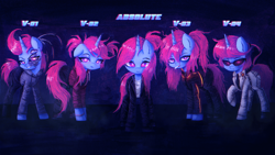 Size: 2560x1440 | Tagged: safe, artist:menalia, imported from derpibooru, oc, oc only, oc:niroh fatal, pony, robot, robot pony, unicorn, black background, boots, cigarette, clothes, crazy face, cyberpunk, emotionless, faic, female, gloves, horn, jacket, looking at you, mare, metal, necktie, pants, pigtails, ponytail, shirt, shoes, simple background, sneakers, sunglasses, t-shirt, text, tired, wallpaper, wires