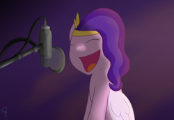 Size: 2900x2000 | Tagged: safe, artist:reinbou, imported from derpibooru, pipp petals, pegasus, pony, eyes closed, female, g5, high res, light, mare, microphone, my little pony: a new generation, open mouth, simple background, singing, smiling, solo, volumetric mouth