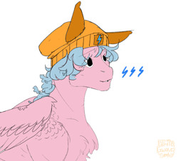 Size: 1174x1062 | Tagged: safe, artist:whitegwava, imported from derpibooru, firefly, pegasus, pony, chest fluff, curly hair, feathered wings, female, floppy ears, g1, gap teeth, hat, mare, simple background, solo, thunderbolt, white background, wings, winter hat