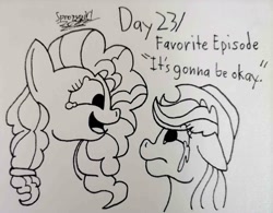 Size: 1693x1322 | Tagged: safe, artist:spoopygirl, imported from derpibooru, applejack, pear butter, applejack's hat, cowboy hat, crying, female, hat, lineart, mare, ponytober, ponytober 2022, tears of joy, traditional art