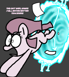 Size: 1275x1414 | Tagged: safe, artist:professorventurer, imported from derpibooru, pinkie pie, series:ask pippamena, backstory, creepypasta, defeated, pinkamena diane pie, simple background, solo, time portal, time travel