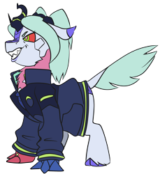 Size: 2380x2600 | Tagged: safe, artist:brainiac, imported from derpibooru, cyborg, kirin, pony, becca, claws, clothes, cloven hooves, crossover, cyberpunk, cyberpunk 2077, cyberpunk: edgerunners, fangs, female, jacket, mare, ponified, rebecca (cyberpunk: edgerunners), red sclera, simple background, solo, transparent background