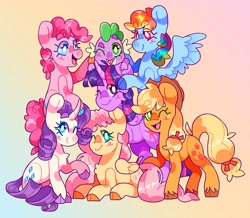 Size: 3847x3361 | Tagged: safe, artist:cocopudu, imported from derpibooru, applejack, fluttershy, pinkie pie, rainbow dash, rarity, spike, twilight sparkle, alicorn, dragon, earth pony, pegasus, pony, unicorn, cloven hooves, female, gradient background, group, group photo, looking at you, male, mane seven, mane six, mare, one eye closed, smiling, smiling at you, tongue out, twilight sparkle (alicorn), unshorn fetlocks