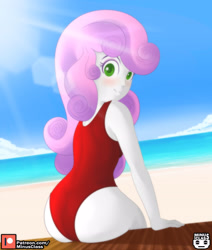 Size: 2976x3507 | Tagged: safe, alternate version, artist:minusclass, imported from derpibooru, sweetie belle, human, equestria girls, alternate character, ass, blushing, butt, clothes, female, high res, one-piece swimsuit, solo, sweetie butt, swimsuit