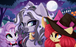 Size: 4000x2500 | Tagged: safe, artist:xsatanielx, imported from derpibooru, apple bloom, sweetie belle, zecora, earth pony, pony, unicorn, zebra, female, filly, foal, halloween, holiday, jack-o-lantern, mare, mlp fim's twelfth anniversary, pumpkin