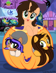 Size: 1692x2214 | Tagged: safe, artist:lynnthenerdkitty, artist:starember, imported from derpibooru, oc, oc:aurora gleam, oc:brooke, oc:small brooke, pony, unicorn, base used, halloween, holiday, pumpkin, trio