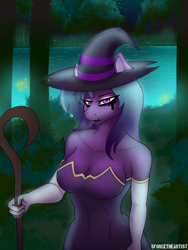 Size: 1440x1920 | Tagged: safe, artist:sforcetheartist, imported from derpibooru, oc, oc only, oc:dim heart, anthro, unicorn, breasts, clothes, female, gloves, halloween, hat, holiday, lidded eyes, open mouth, sharp teeth, solo, stick, teeth, witch, witch hat