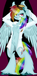 Size: 1018x2061 | Tagged: safe, alternate version, artist:4agonism, imported from derpibooru, rainbow dash, pegasus, pony, semi-anthro, arm hooves, belly button, bipedal, chest fluff, clothes, cloven hooves, colored hooves, cutie mark on clothes, ear fluff, evil grin, full body, goggles, goggles on head, grin, holding head, hoof fluff, lab coat, looking sideways, partially open wings, pubic fluff, smiling, standing, standing on two hooves, unshorn fetlocks, wings