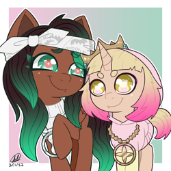 Size: 1200x1200 | Tagged: safe, artist:mcpearly, imported from derpibooru, pegasus, pony, unicorn, bandana, beanbrows, clothes, crown, duo, eyebrows, jewelry, marina (splatoon 2), necklace, outline, passepartout, pearl (splatoon 2), ponified, raised hoof, regalia, white outline