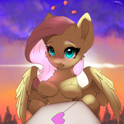 Size: 4000x4000 | Tagged: safe, artist:skitsroom, imported from derpibooru, fluttershy, pegasus, pony, blushing, cute, envelope, eyebrows, female, floating heart, heart, letter, looking at you, love letter, mare, partially open wings, shyabetes, signature, smiling, solo, sunset, wings