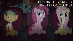 Size: 1920x1080 | Tagged: safe, edit, edited screencap, editor:quoterific, imported from derpibooru, screencap, fluttershy, pinkie pie, rainbow dash, snails, earth pony, pegasus, pony, unicorn, common ground, season 9, spoiler:s09, colt, eating, female, foal, food, freckles, frown, looking at each other, looking at someone, male, mare, open mouth, popcorn, smiling, theater