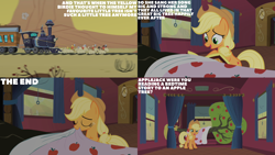 Size: 4400x2475 | Tagged: safe, edit, edited screencap, editor:quoterific, imported from derpibooru, screencap, applejack, bloomberg, caboose, evening star, full steam, john bull, promontory, earth pony, pony, over a barrel, season 1, apple, apple tree, bedtime story, book, caught, eyes closed, implied rarity, offscreen character, open mouth, open smile, smiling, train, tree