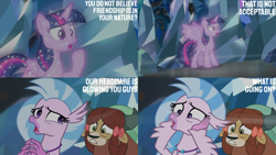 Size: 4400x2475 | Tagged: safe, edit, edited screencap, editor:quoterific, imported from derpibooru, screencap, silverstream, tree of harmony, twilight sparkle, yona, hippogriff, yak, season 8, what lies beneath, spoiler:s08, bow, concerned, confused, female, gritted teeth, hair bow, jewelry, looking back, monkey swings, necklace, shocked, teeth, treelight sparkle