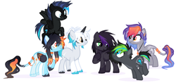 Size: 1312x618 | Tagged: safe, imported from derpibooru, oc, oc only, oc:aux luminance, oc:blaze, oc:phase, oc:shining amber, oc:silver, oc:stormbringer, earth pony, pegasus, pony, unicorn, base used, group, leonine tail, simple background, tail, white background