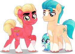 Size: 4000x2905 | Tagged: safe, artist:orin331, imported from derpibooru, hitch trailblazer, sprout cloverleaf, crystal pony, dragon, earth pony, pony, coat markings, crystallized, g4, g5, g5 to g4, generation leap, implied shipping, male, simple background, socks (coat markings), sparky sparkeroni, stallion, transparent background