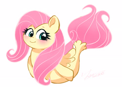 Size: 2581x1865 | Tagged: safe, artist:leo19969525, imported from derpibooru, fluttershy, hybrid, merpony, pony, seapony (g4), blushing, cute, cyan eyes, dock, ears up, female, looking at you, mane, mare, pink mane, pink tail, seaponified, seapony fluttershy, shyabetes, simple background, smiling, smiling at you, solo, species swap, tail, white background, wings