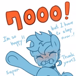 Size: 2048x2048 | Tagged: safe, artist:maren, imported from derpibooru, oc, oc only, oc:blue chewings, earth pony, pony, 2019, bust, crying, dialogue, eyes closed, meta, milestone, old art, simple background, solo, tears of joy, twitter, waving, white background