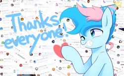 Size: 2048x1260 | Tagged: safe, artist:maren, imported from derpibooru, oc, oc only, oc:blue chewings, earth pony, pony, 2020, bust, heart, meta, old art, one eye closed, sitting, solo, thank you, twitter