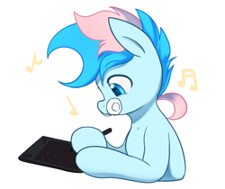 Size: 5000x4200 | Tagged: safe, artist:maren, imported from derpibooru, oc, oc only, oc:blue chewings, earth pony, pony, 2020, 2021, bust, drawing, drawing tablet, high res, hoof hold, music notes, old art, simple background, solo, white background