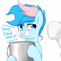 Size: 2600x2600 | Tagged: safe, artist:maren, imported from derpibooru, oc, oc only, oc:blue chewings, earth pony, pony, 2020, blushing, bucket, bucket of water, bust, chew toy, dialogue, holding, offscreen character, old art, simple background, sweat, white background