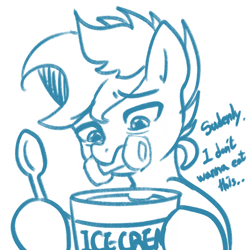 Size: 800x800 | Tagged: safe, artist:maren, imported from derpibooru, oc, oc only, oc:blue chewings, earth pony, pony, 2021, bust, dialogue, food, hoof hold, ice cream, monochrome, old art, solo, spoon, worried