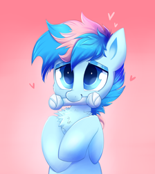 Size: 1538x1713 | Tagged: safe, artist:confetticakez, imported from derpibooru, oc, oc only, oc:blue chewings, earth pony, pony, bust, chest fluff, chew toy, cute, gradient background, heart, solo