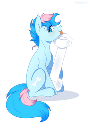 Size: 2894x4093 | Tagged: safe, artist:cottonaime, imported from derpibooru, oc, oc only, oc:blue chewings, earth pony, pony, chew toy, high res, licking, simple background, sitting, size difference, solo, tongue out, white background