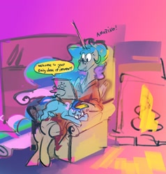 Size: 2934x3083 | Tagged: safe, artist:alumx, imported from derpibooru, princess celestia, oc, oc:blue chewings, alicorn, earth pony, pony, armchair, chair, clothes, crossed legs, dialogue, fireplace, glasses, high res, petting, tablet