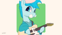 Size: 1024x576 | Tagged: safe, artist:matterproblem, imported from derpibooru, oc, oc only, oc:blue chewings, earth pony, pony, bust, clothes, flannel, guitar, musical instrument, simple background, solo