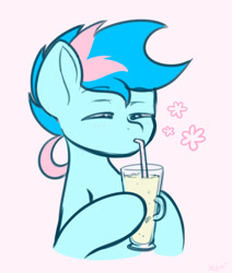 Size: 1072x1264 | Tagged: safe, artist:koapony, imported from derpibooru, oc, oc only, oc:blue chewings, earth pony, pony, bust, drinking straw, emanata, eyes closed, holding, milkshake, pink background, simple background, solo